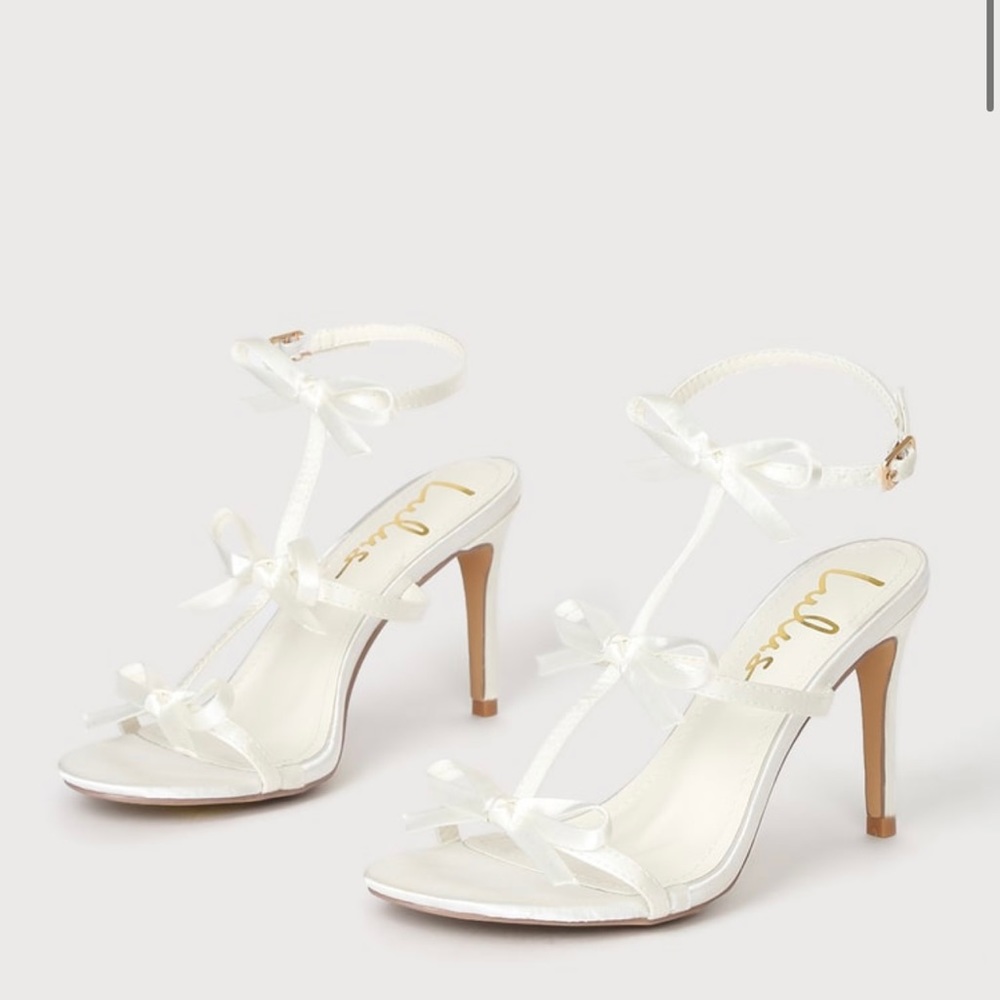 Lulus Reelaine White Satin Bow Ankle Strap Sandals